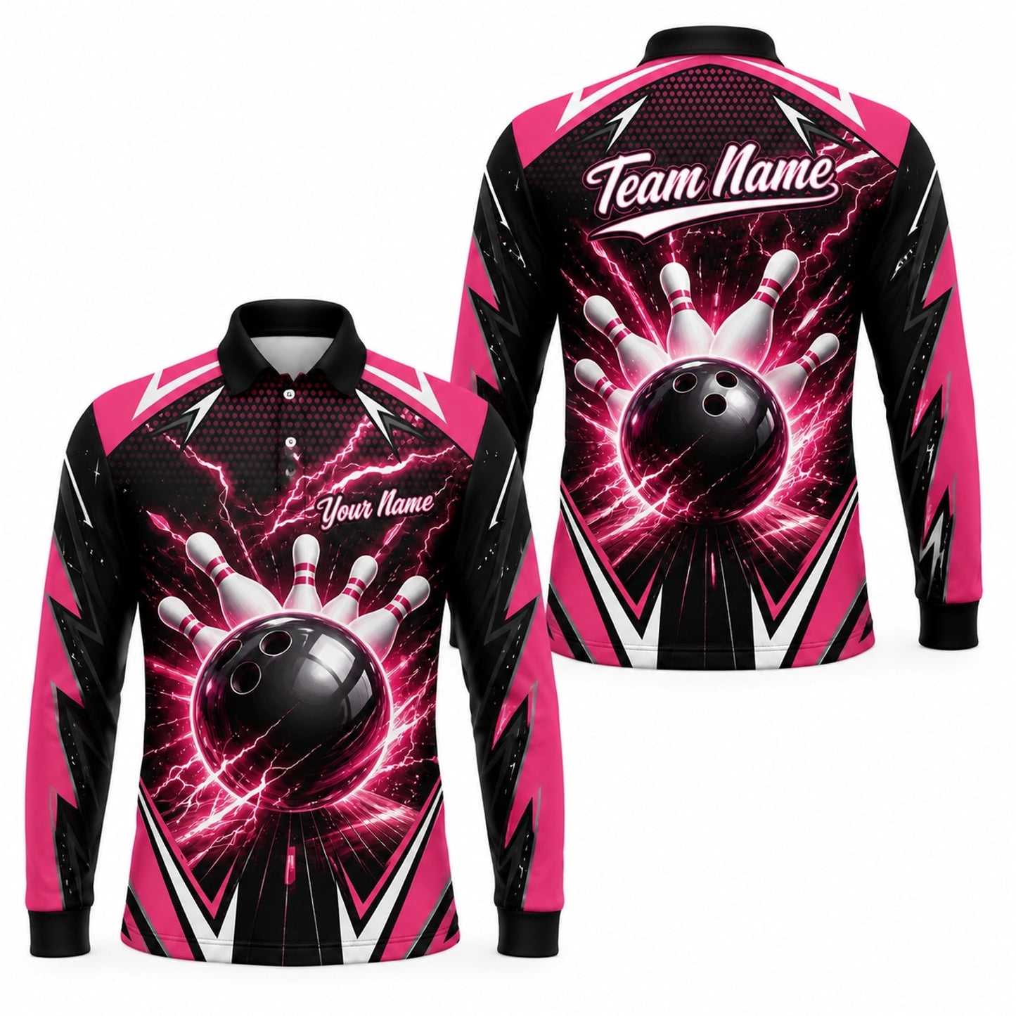 Bowling Ball Lightning Strike Personalized Bowling Polo Shirt Long Sleeve Polo