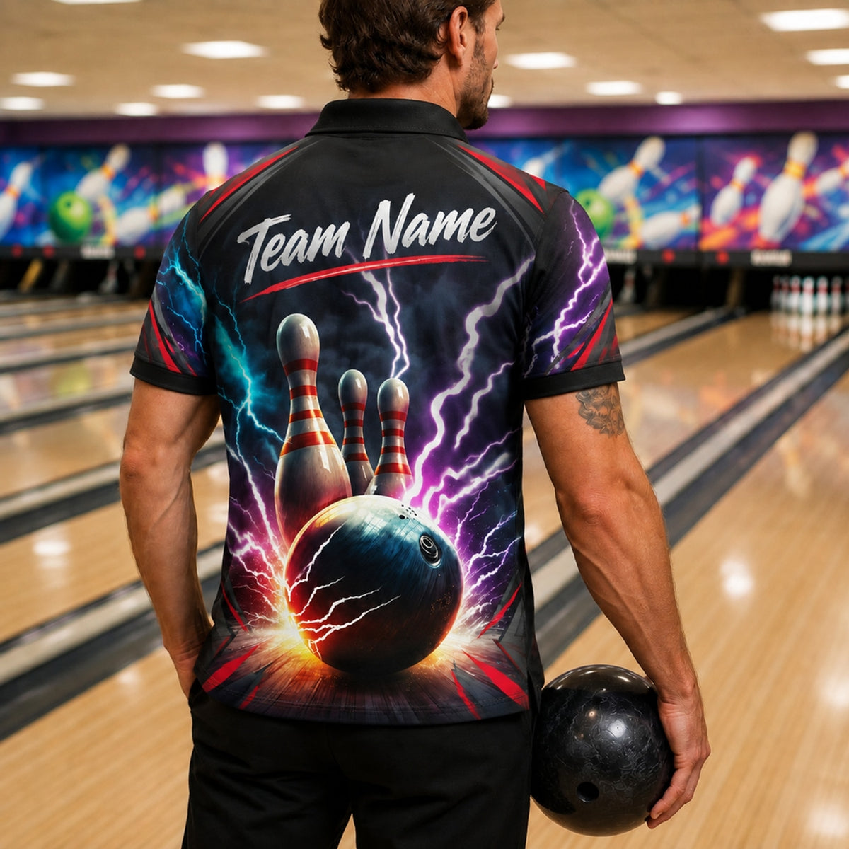 Bowling Ball Lightning Strike Sport Custom Bowling Polo Shirt Back View