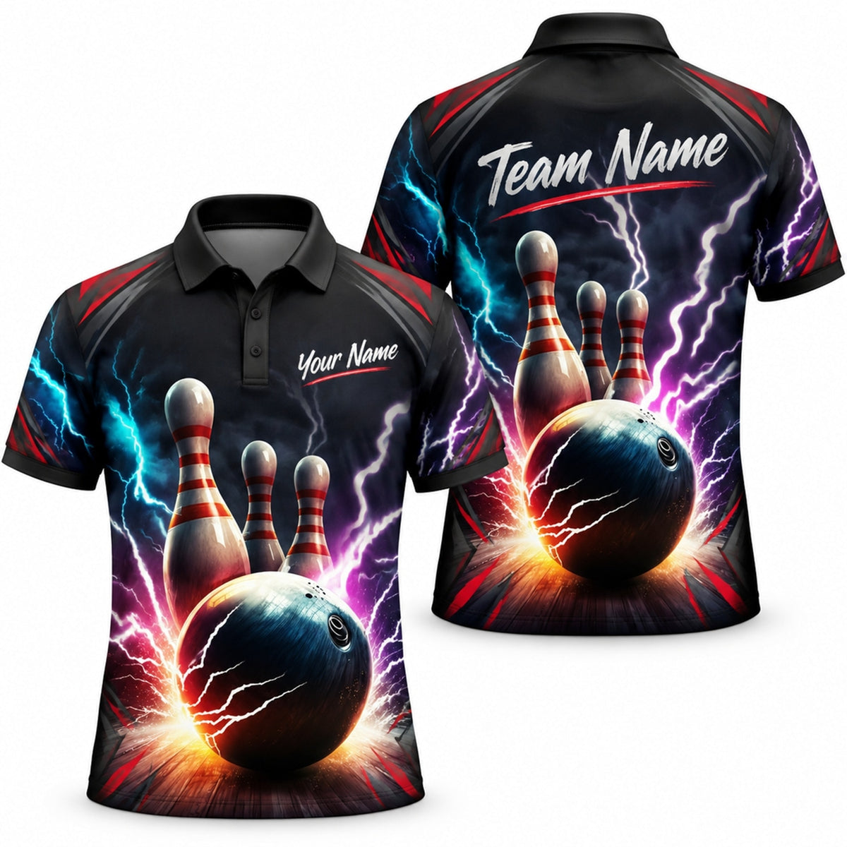 Bowling Ball Lightning Strike Sport Custom Bowling Polo Shirt