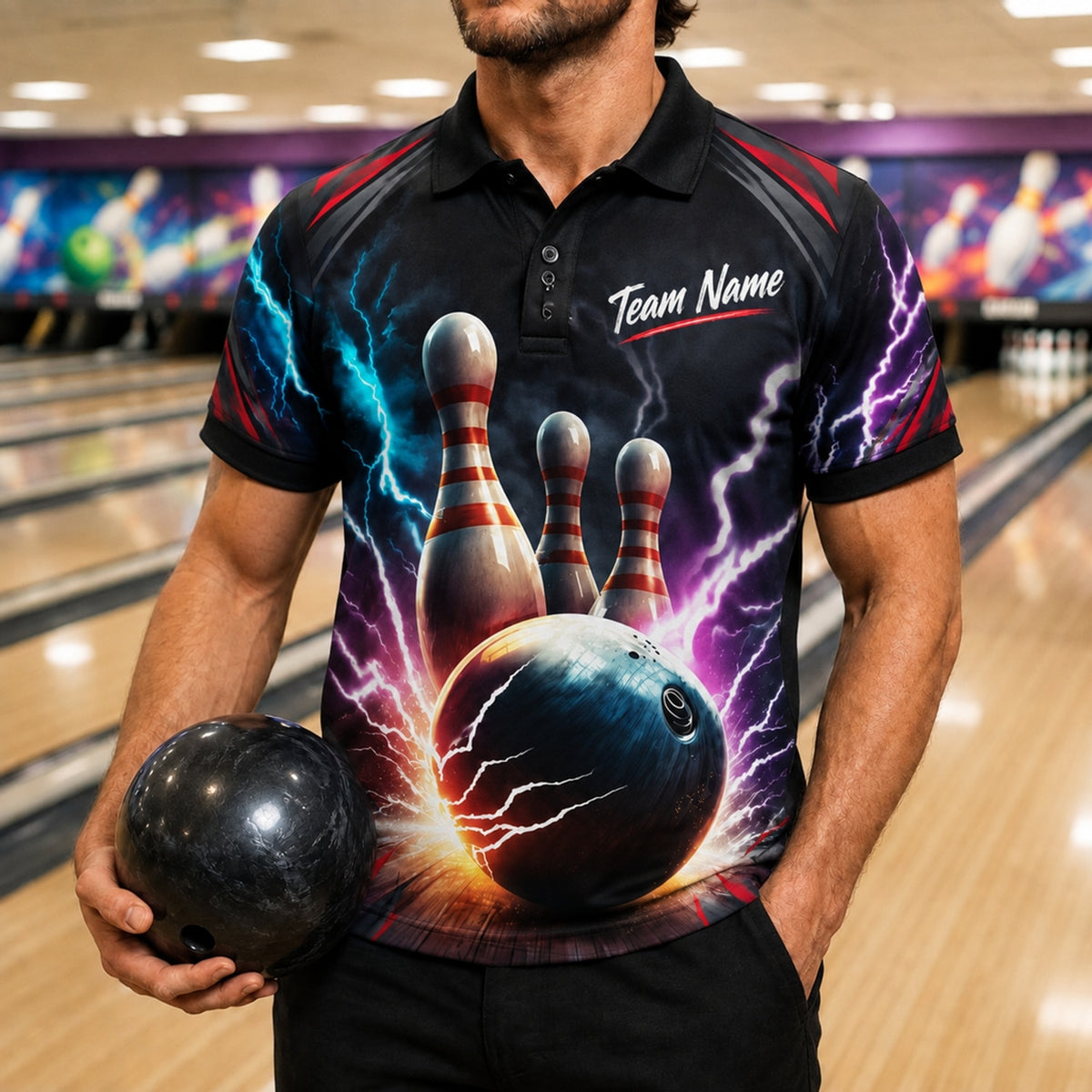 Bowling Ball Lightning Strike Sport Custom Bowling Polo Shirt Front View