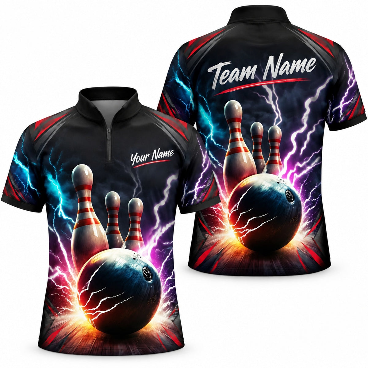Bowling Ball Lightning Strike Sport Custom Bowling Polo Shirt Jersey Zip 1 4 Collar