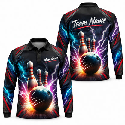 Bowling Ball Lightning Strike Sport Custom Bowling Polo Shirt Long Sleeve Polo