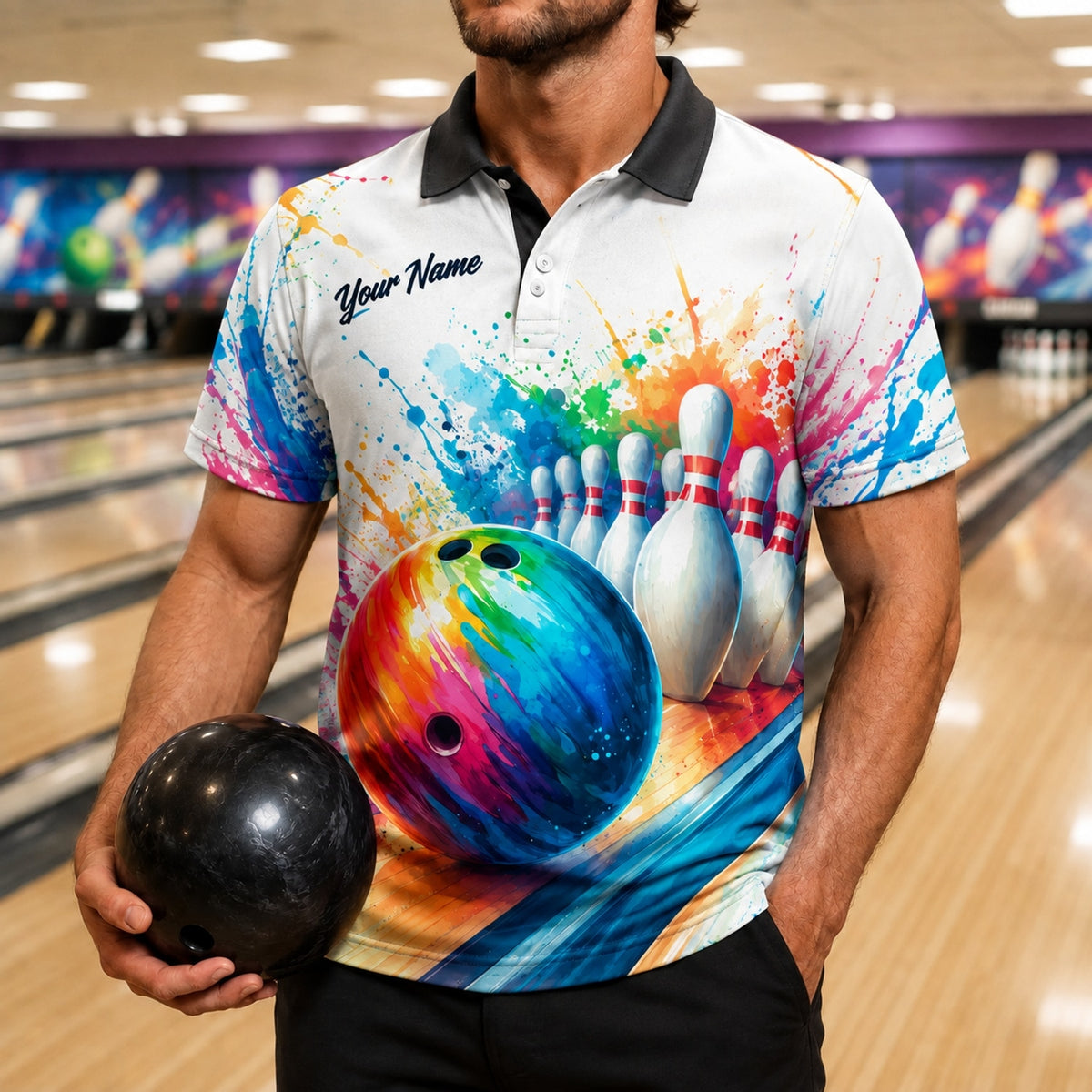 Bowling Ball Paint Splash Sport Personalized Bowling Polo Shirt Front View