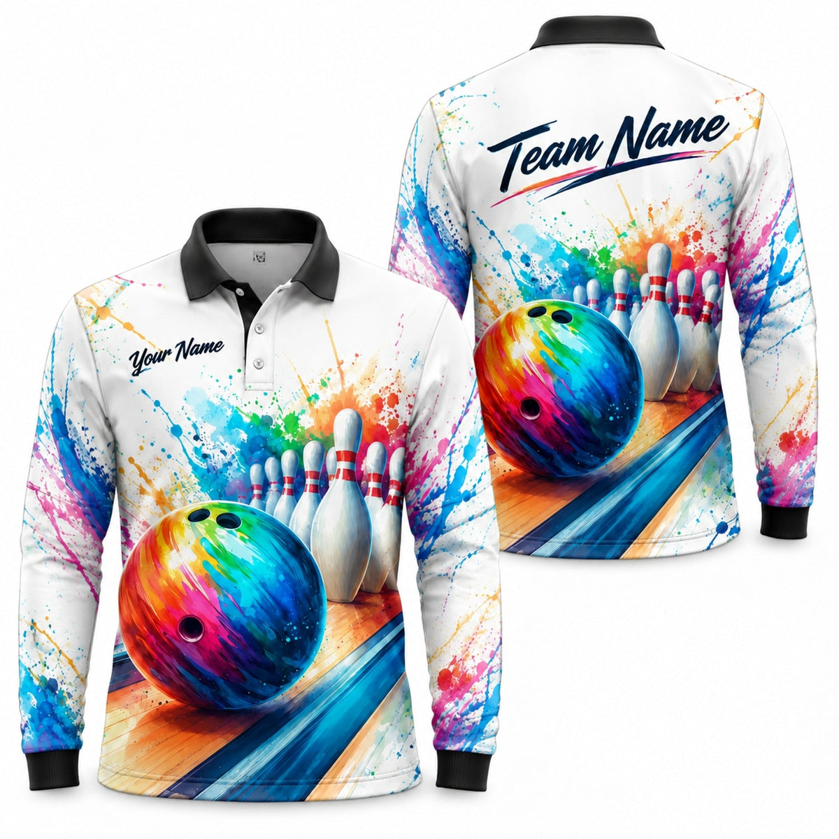 Bowling Ball Paint Splash Sport Personalized Bowling Polo Shirt Long Sleeve Polo