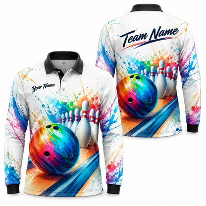 Bowling Ball Paint Splash Sport Personalized Bowling Polo Shirt Long Sleeve Polo