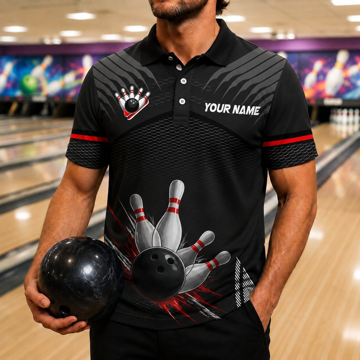 Bowling Ball Pin Smash Sport Personalized Bowling Polo Shirt Front View