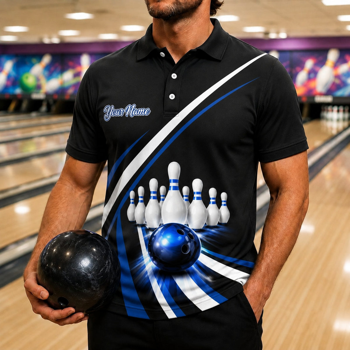 Bowling Ball Pin Strike Custom Bowling Polo Shirt Front View