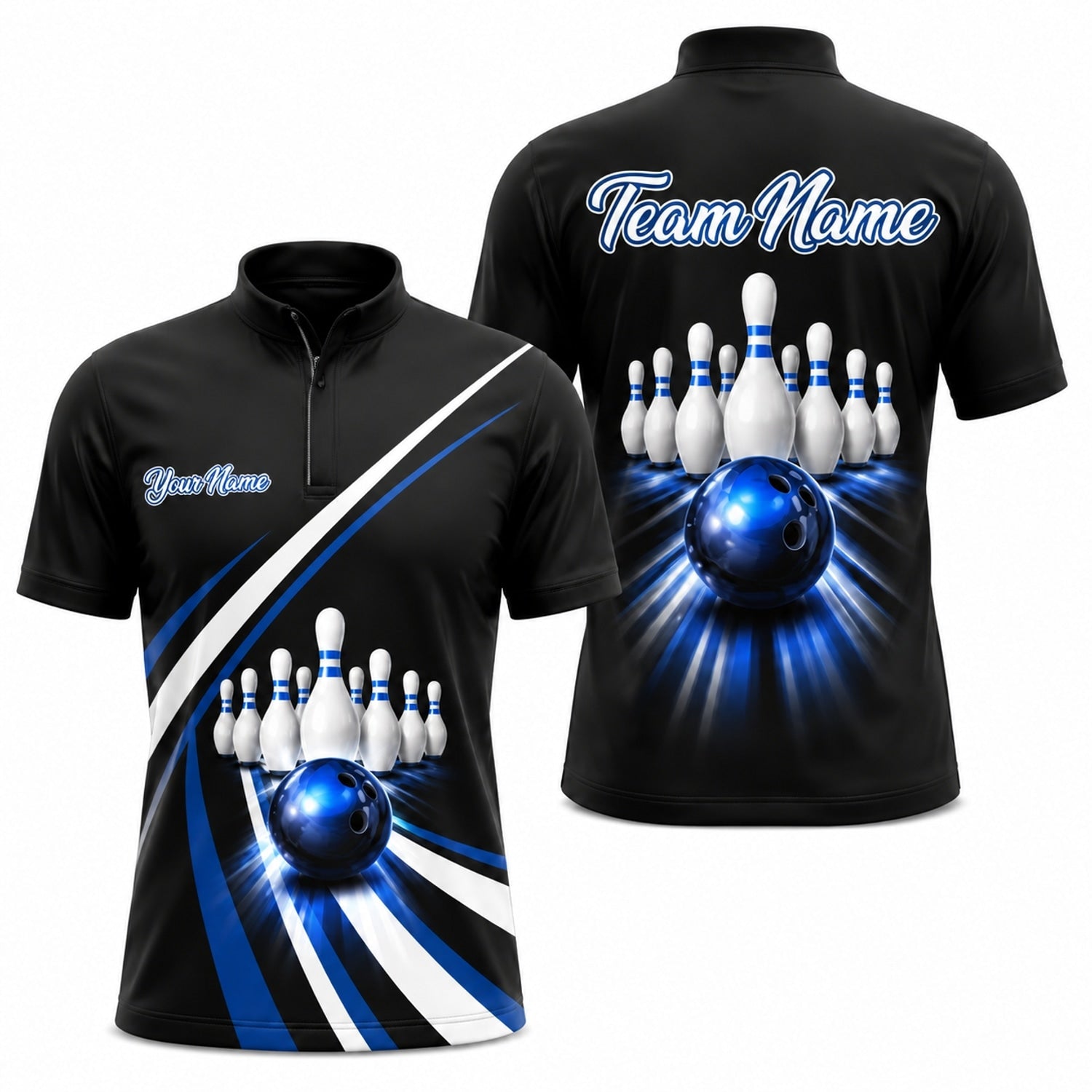 Bowling Ball Pin Strike Custom Bowling Polo Shirt Jersey Zip 1 4 Collar