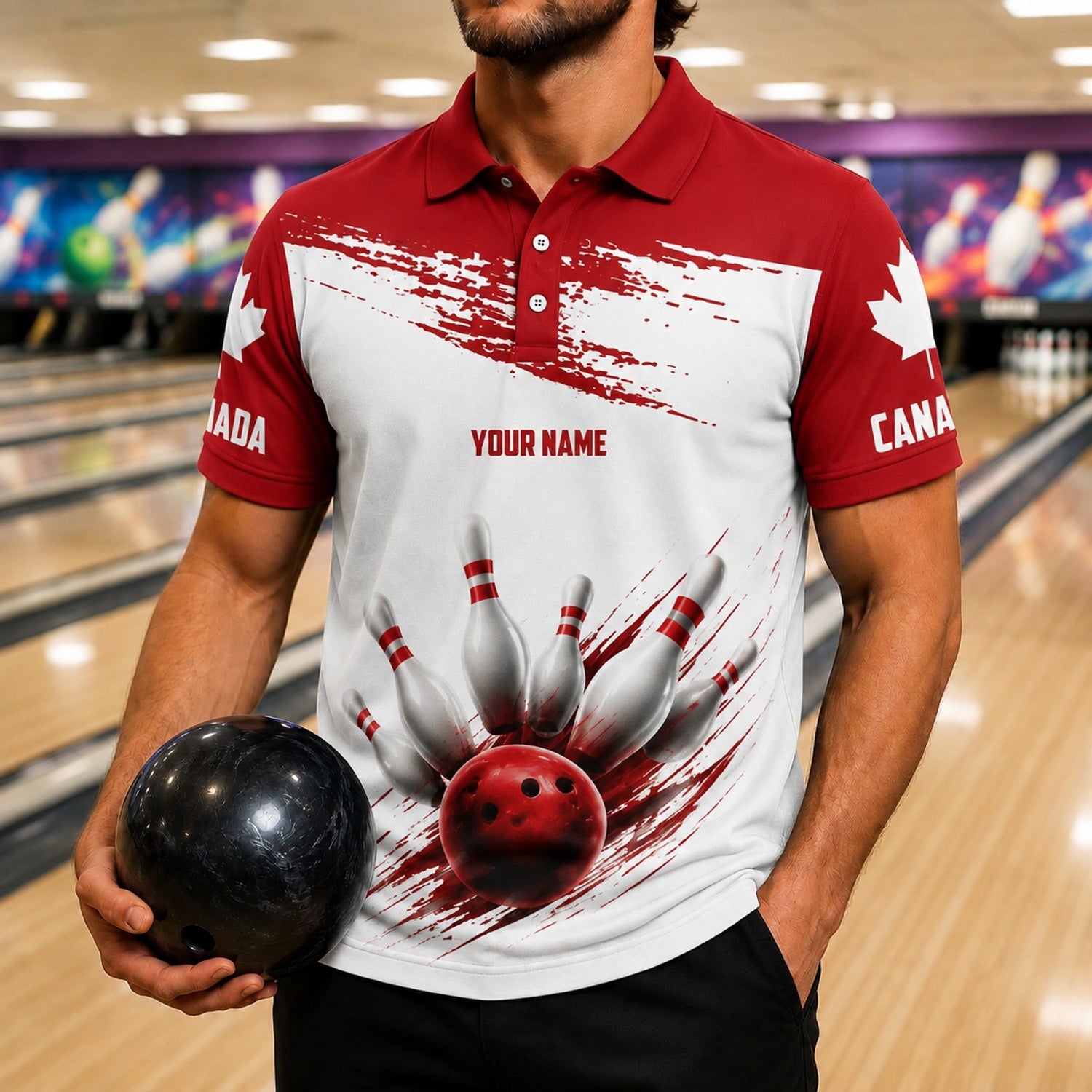Bowling Ball Pin Strike Modern Custom Bowling Polo Shirt Front View