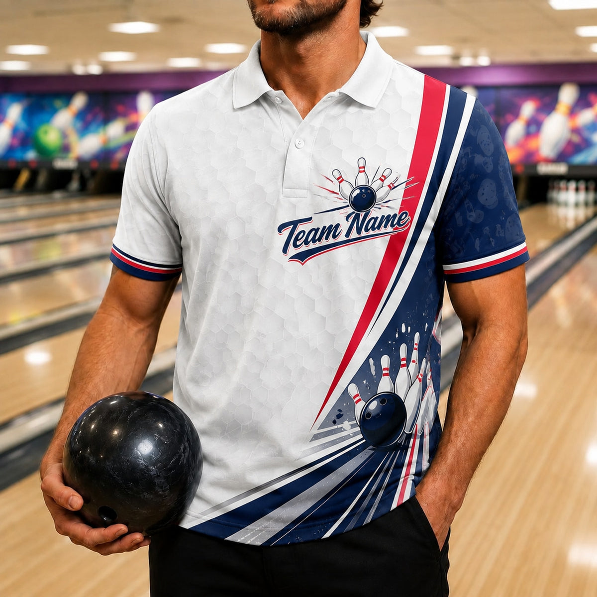 Bowling Ball Pin Strike Sport Custom Bowling Polo Shirt Front View