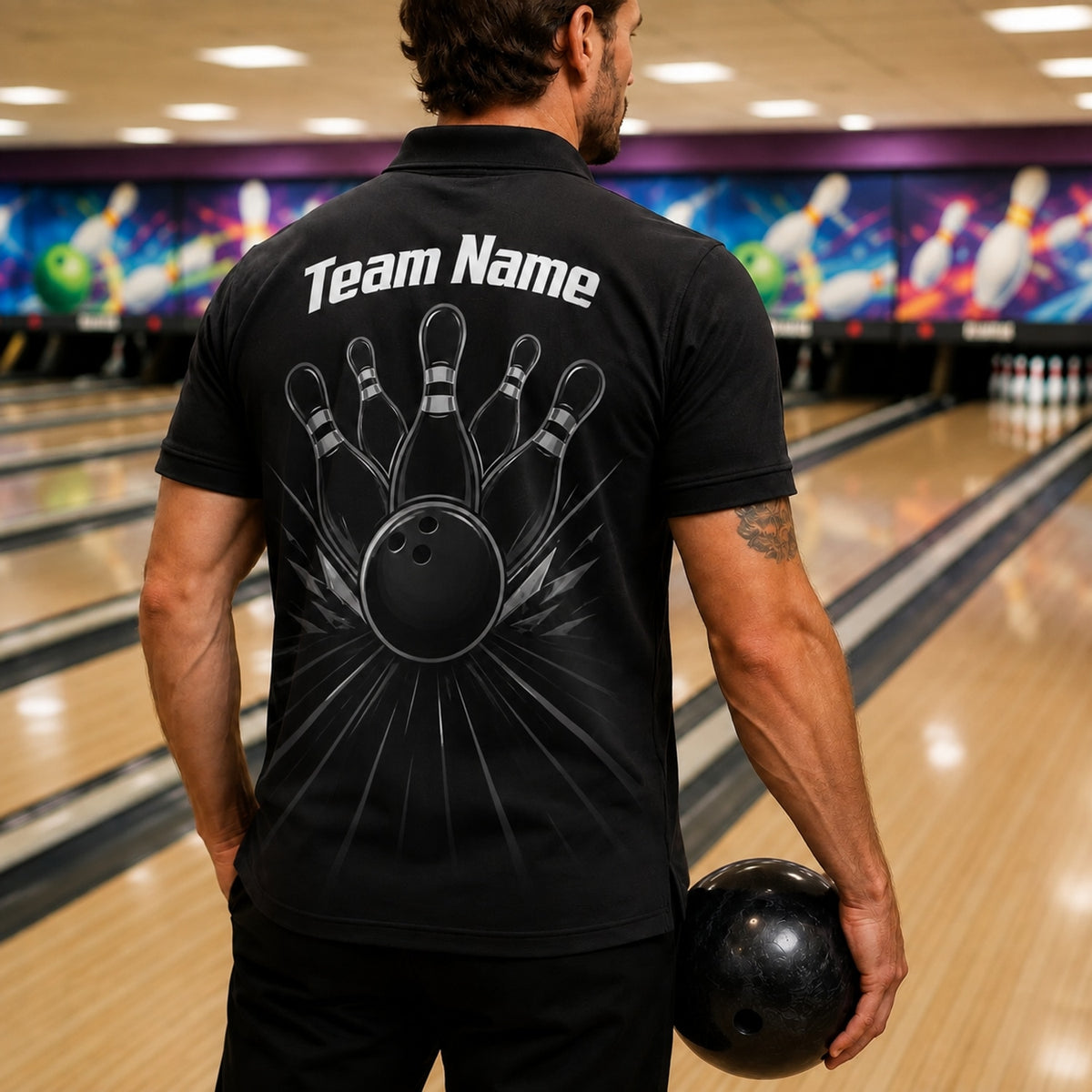 Bowling Ball Pinburst Custom Bowling Polo Shirt Back View
