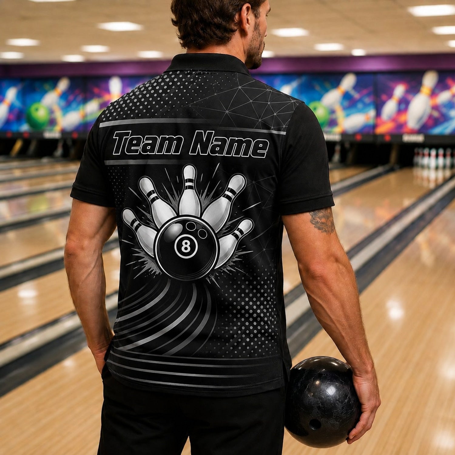 Bowling Ball Pinburst Graphic Personalized Bowling Polo Shirt Back View