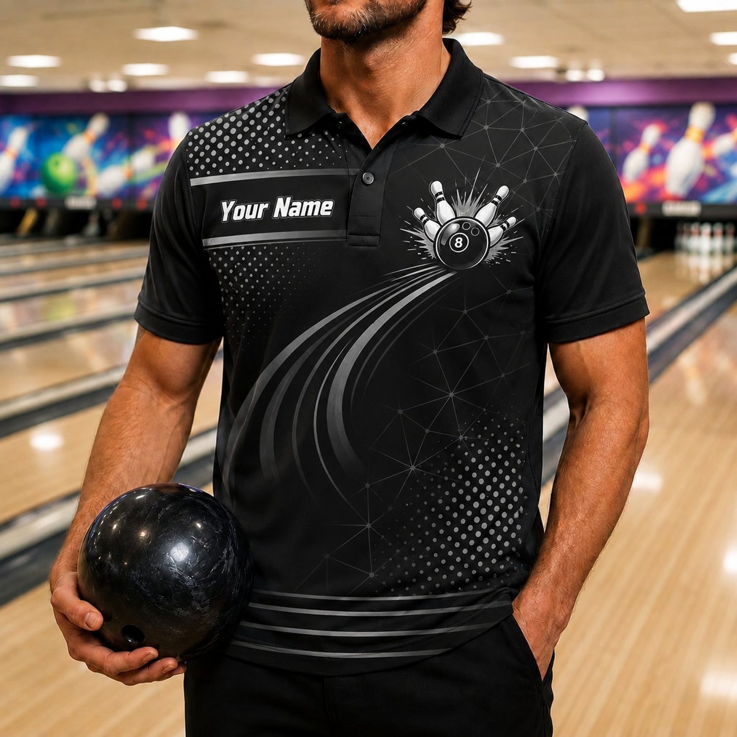 Bowling Ball Pinburst Graphic Personalized Bowling Polo Shirt Front View