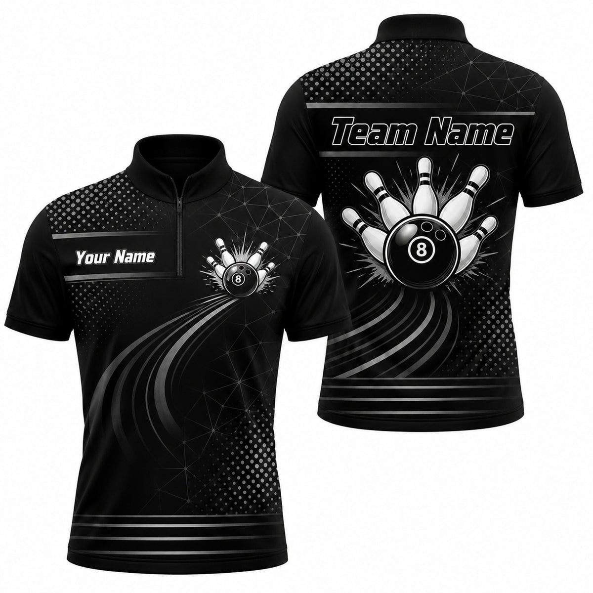 Bowling Ball Pinburst Graphic Personalized Bowling Polo Shirt Jersey Zip 1 4 Collar