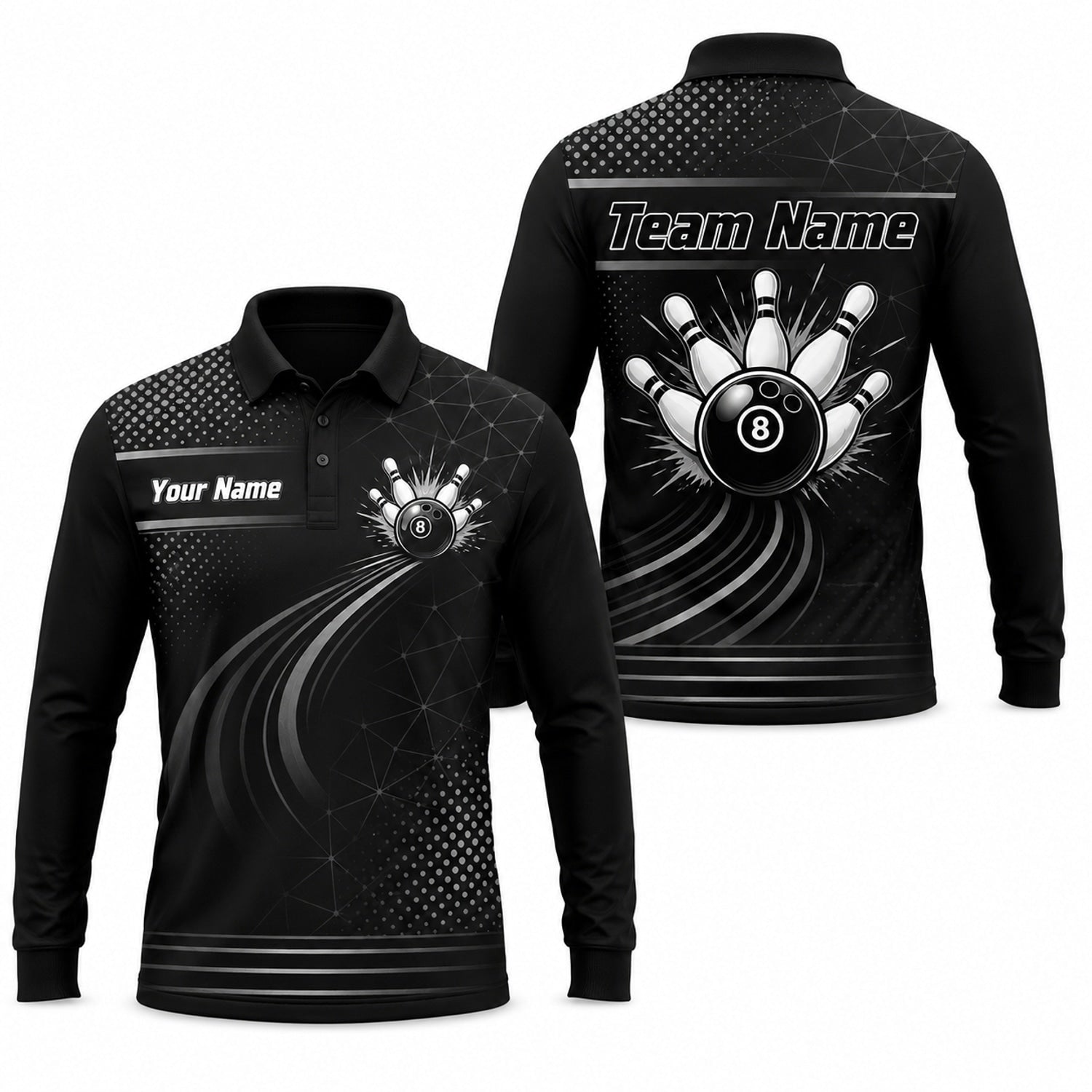 Bowling Ball Pinburst Graphic Personalized Bowling Polo Shirt Long Sleeve Polo