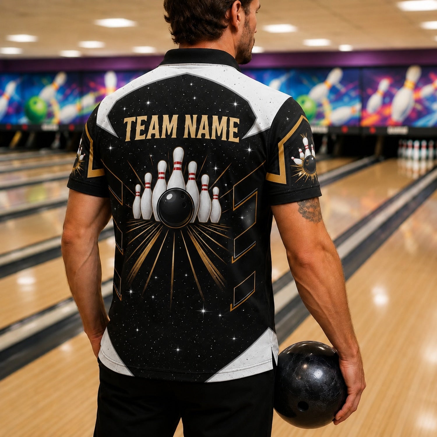 Bowling Ball Pins Burst Custom Bowling Polo Shirt Back View