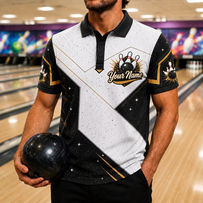 Bowling Ball Pins Burst Custom Bowling Polo Shirt Front View