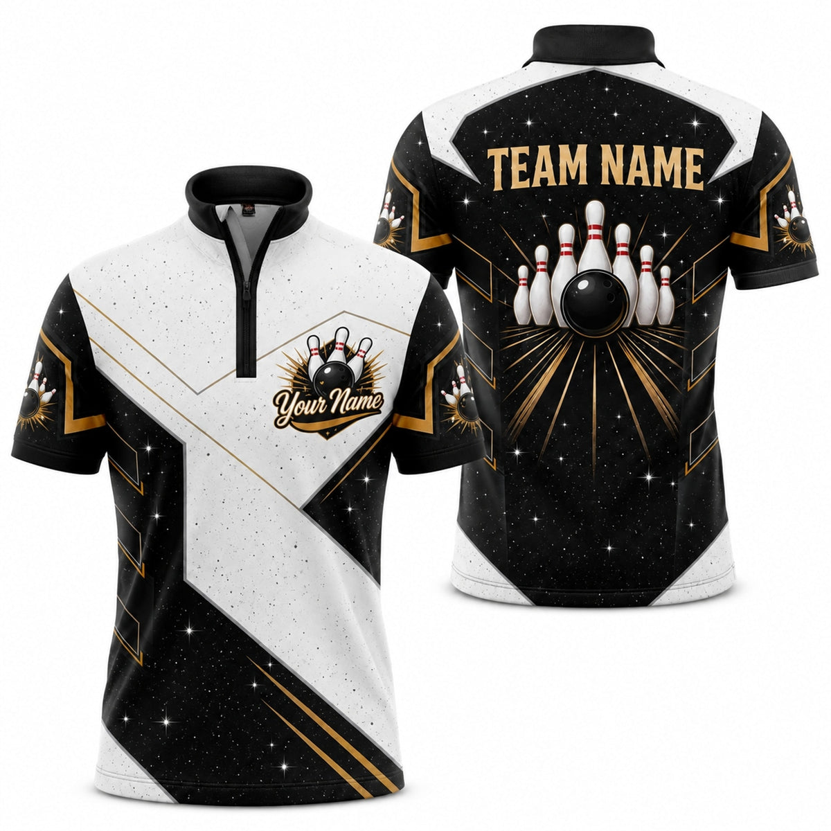 Bowling Ball Pins Burst Custom Bowling Polo Shirt Jersey Zip 1 4 Collar