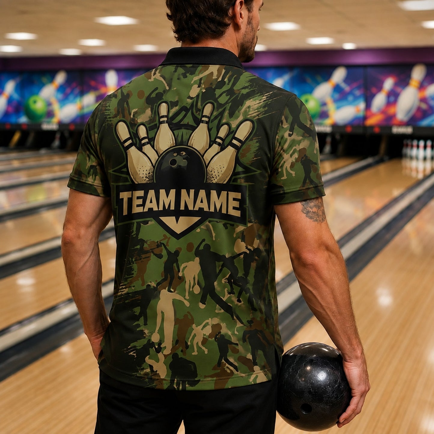 Bowling Ball Pins Camo Personalized Bowling Polo Shirt Back View
