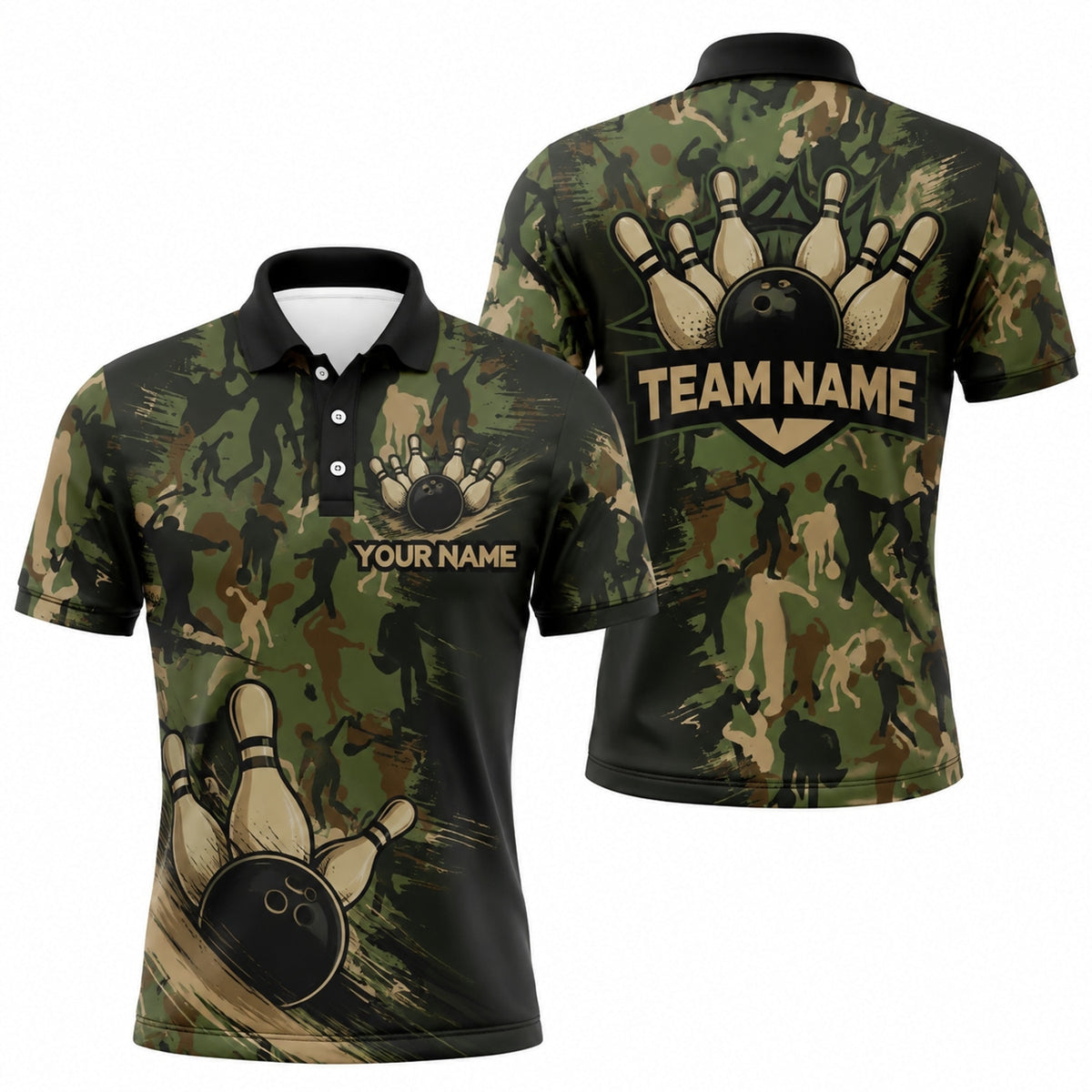 Bowling Ball Pins Camo Personalized Bowling Polo Shirt