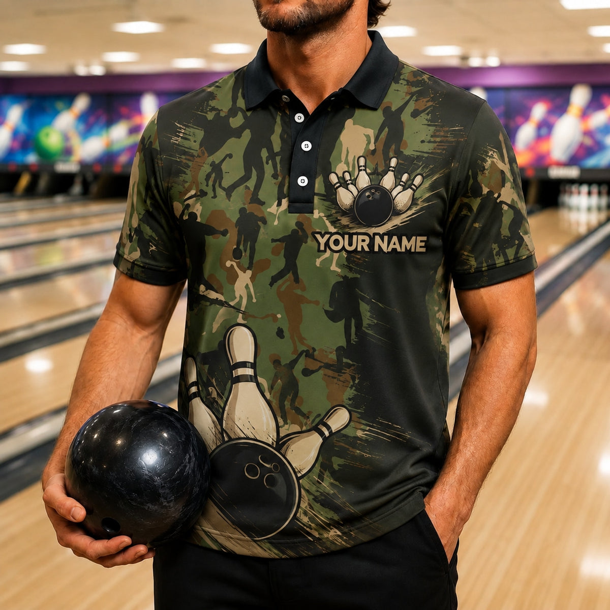 Bowling Ball Pins Camo Personalized Bowling Polo Shirt Front View