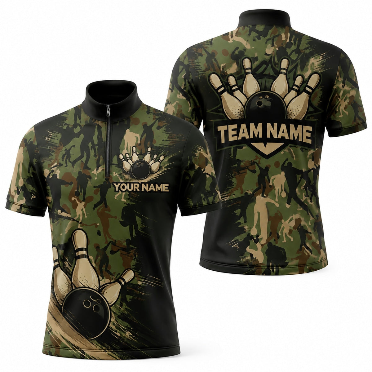 Bowling Ball Pins Camo Personalized Bowling Polo Shirt Jersey Zip 1 4 Collar