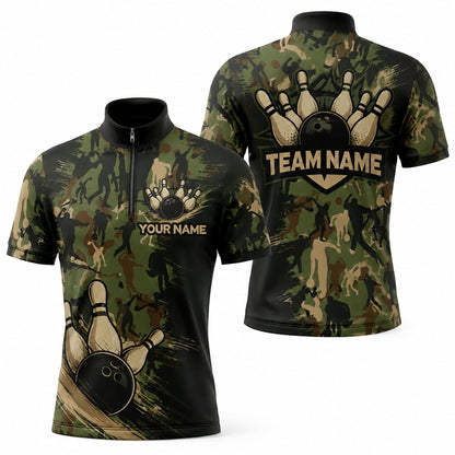 Bowling Ball Pins Camo Personalized Bowling Polo Shirt Jersey Zip 1 4 Collar