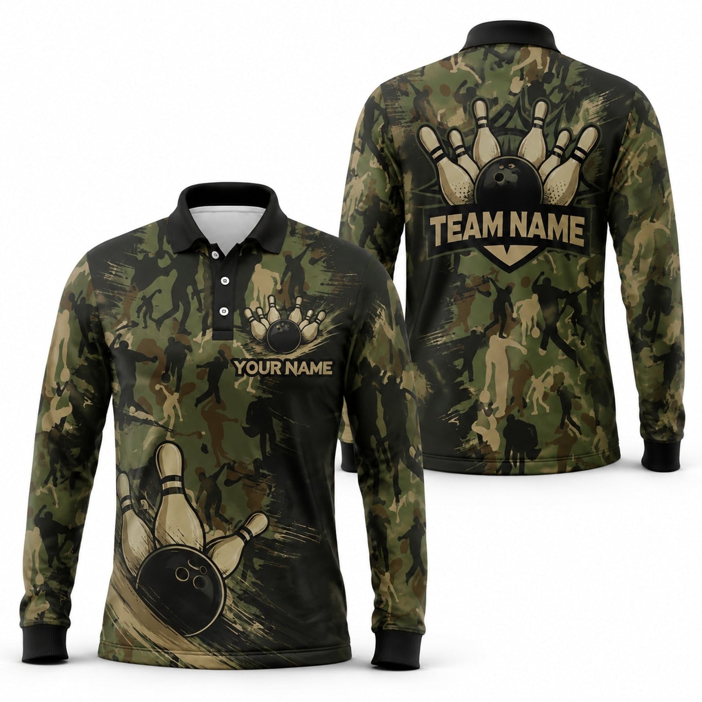 Bowling Ball Pins Camo Personalized Bowling Polo Shirt Long Sleeve Polo