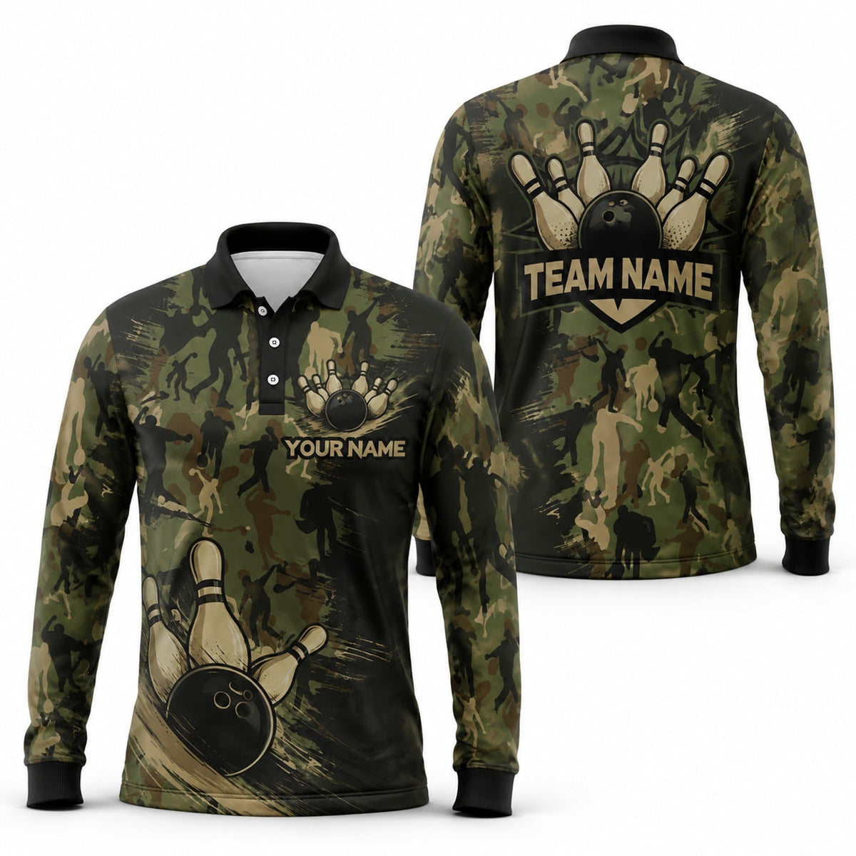 Bowling Ball Pins Camo Personalized Bowling Polo Shirt Long Sleeve Polo