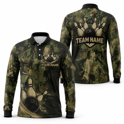 Bowling Ball Pins Camo Personalized Bowling Polo Shirt Long Sleeve Polo