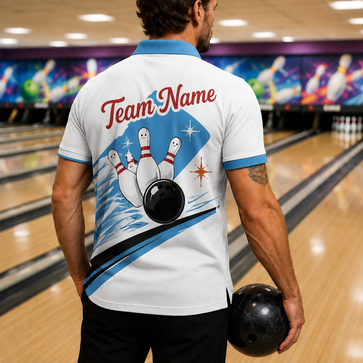 Bowling Ball Pins Graphic Custom Bowling Polo Shirt Back View