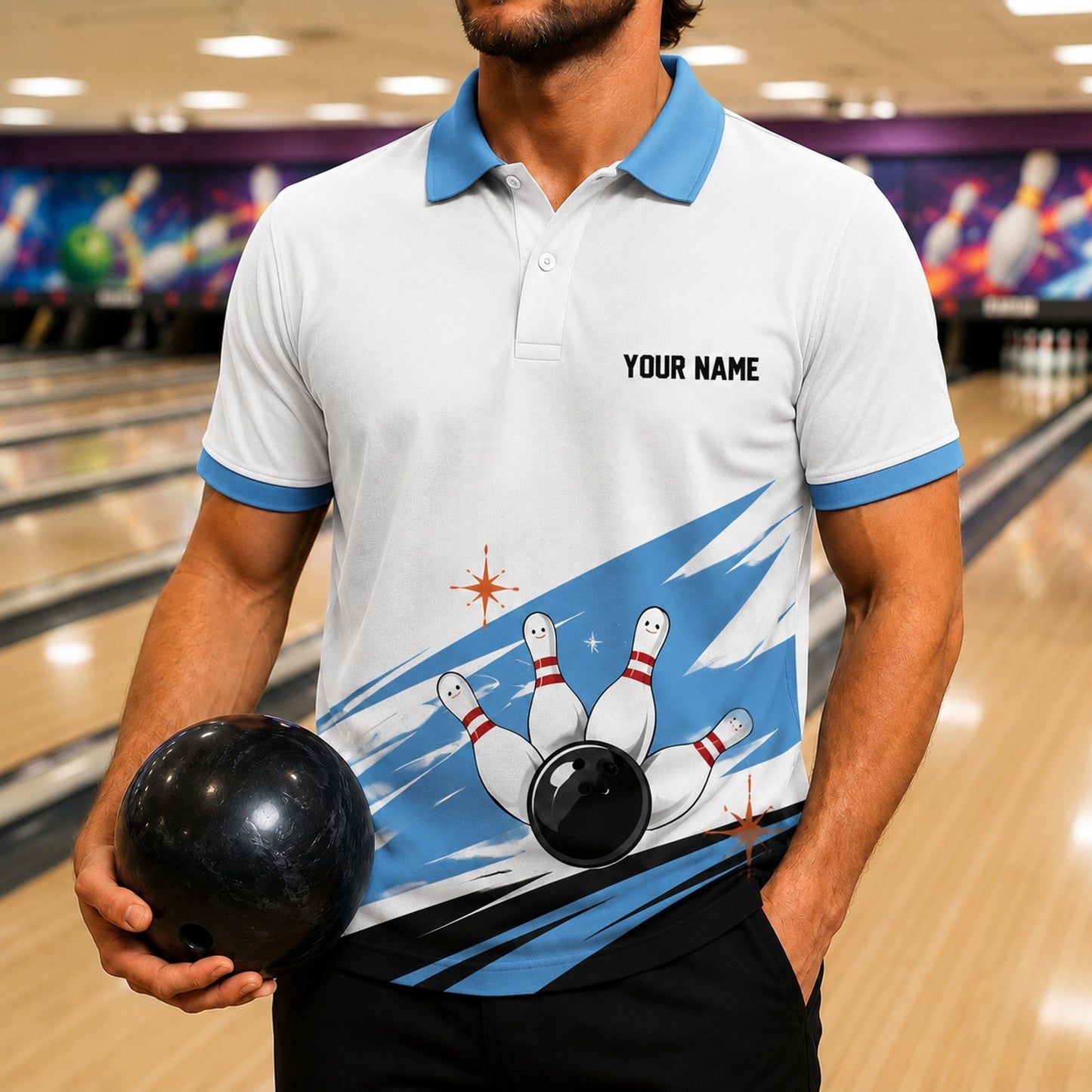 Bowling Ball Pins Graphic Custom Bowling Polo Shirt Front View