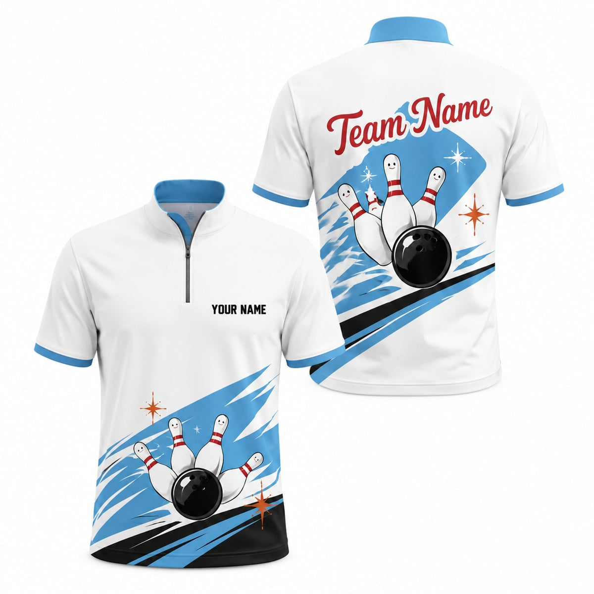Bowling Ball Pins Graphic Custom Bowling Polo Shirt Jersey Zip 1 4 Collar