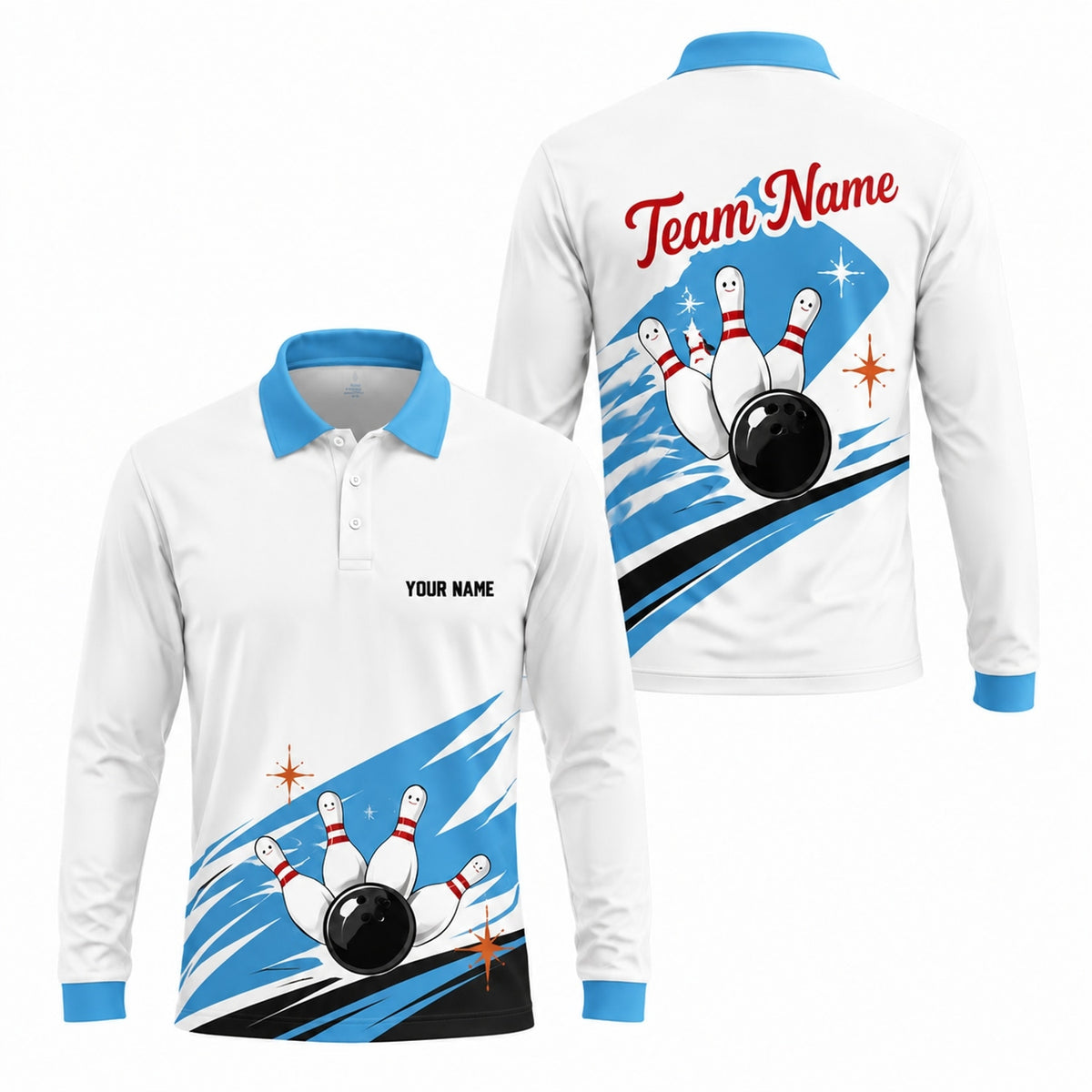 Bowling Ball Pins Graphic Custom Bowling Polo Shirt Long Sleeve Polo