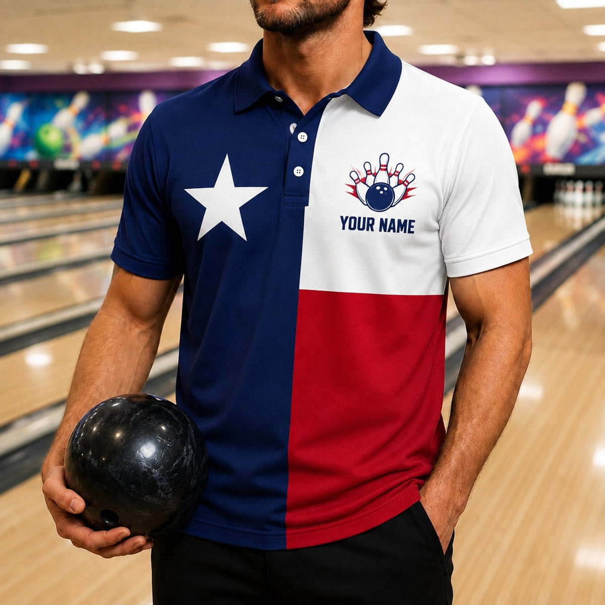 Bowling Ball Pins Strike Custom Bowling Polo Shirt Front View