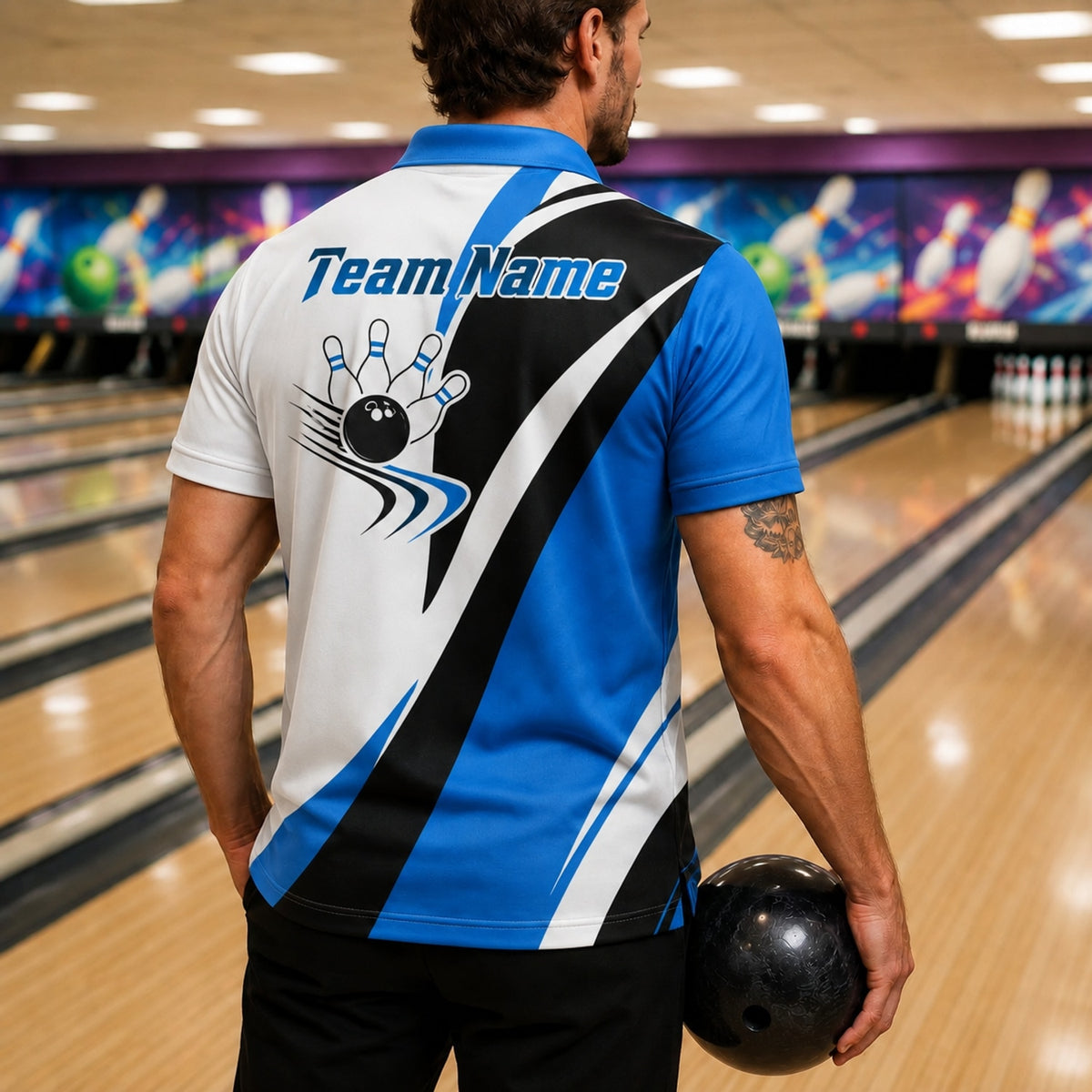 Bowling Ball Pinstrike Sport Personalized Bowling Polo Shirt Back View