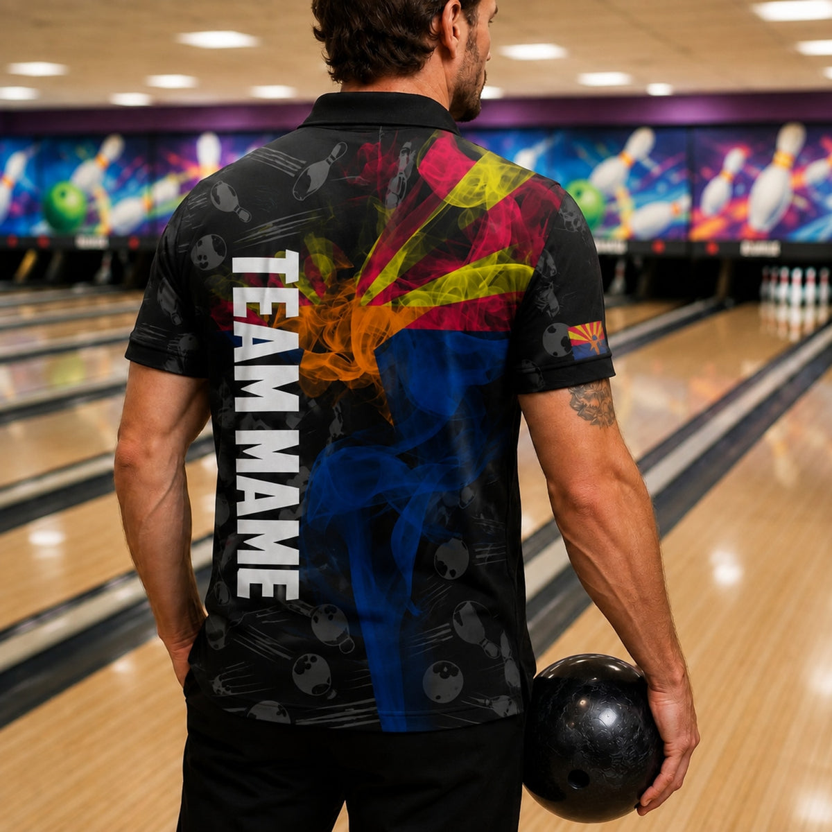 Bowling Ball Smoke Graphic Custom Bowling Polo Shirt Back View