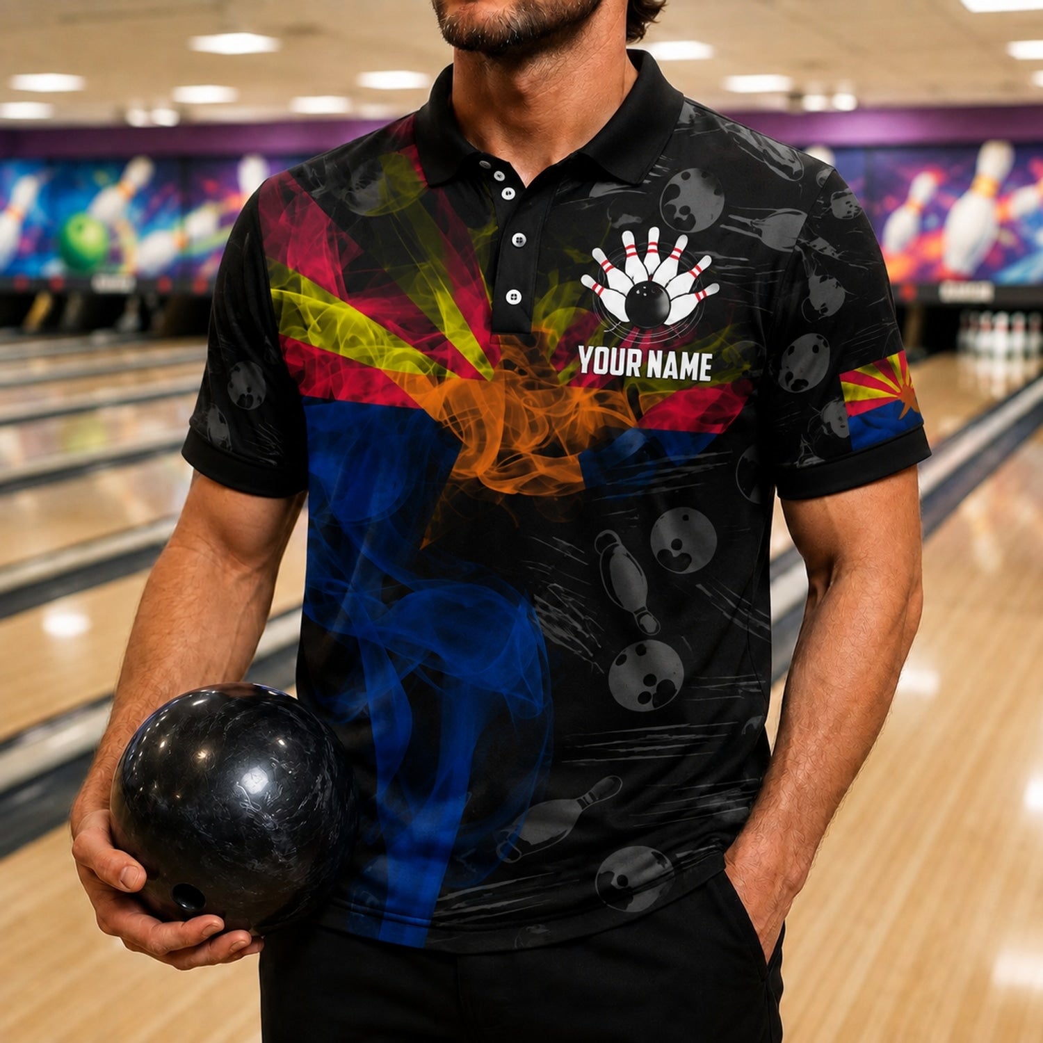 Bowling Ball Smoke Graphic Custom Bowling Polo Shirt Front View