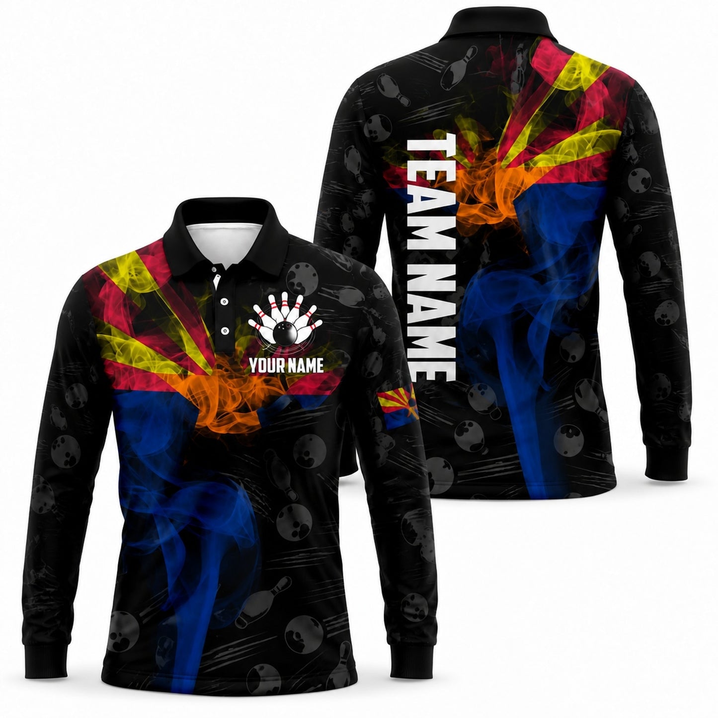 Bowling Ball Smoke Graphic Custom Bowling Polo Shirt Long Sleeve Polo