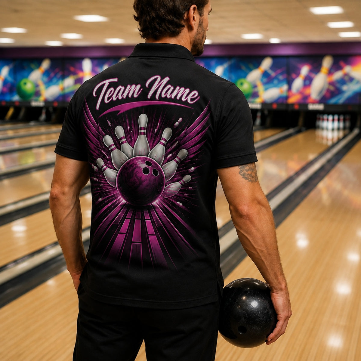 Bowling Ball Strike Aura Personalized Bowling Polo Shirt Back View