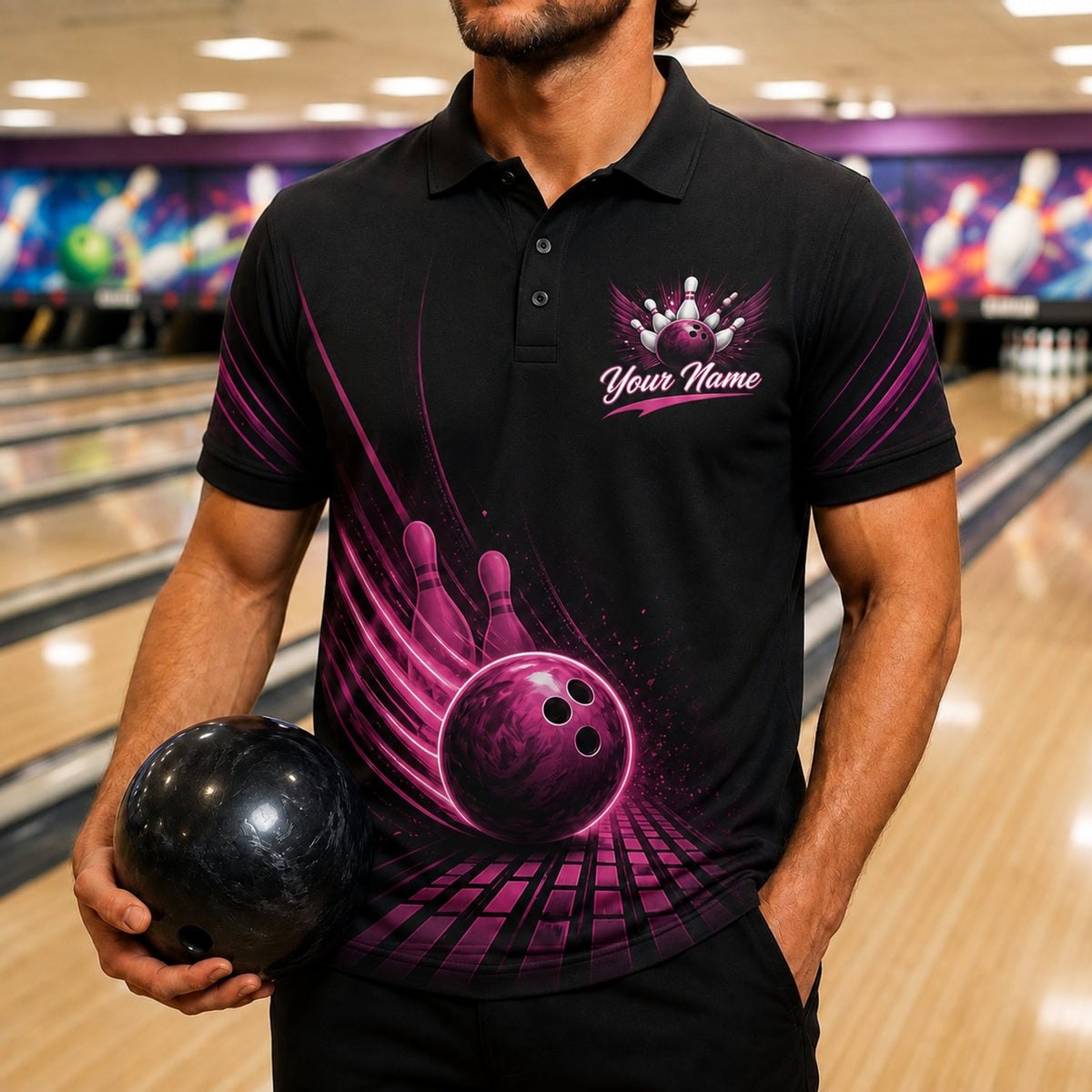 Bowling Ball Strike Aura Personalized Bowling Polo Shirt Front View