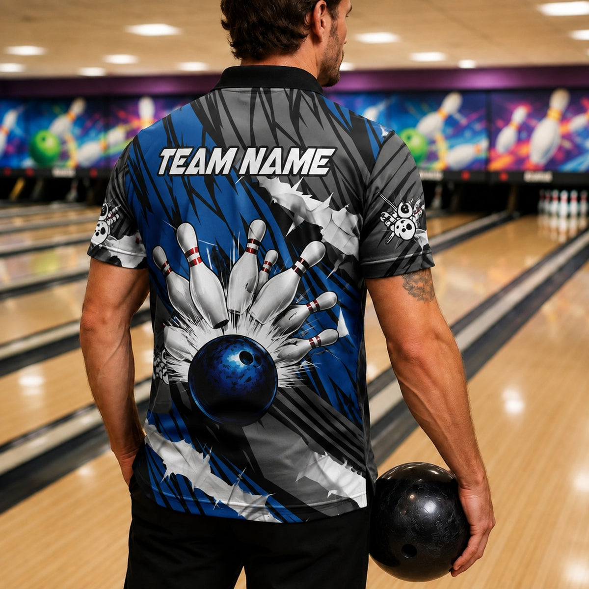Bowling Ball Strike Blast Custom Bowling Polo Shirt Back View