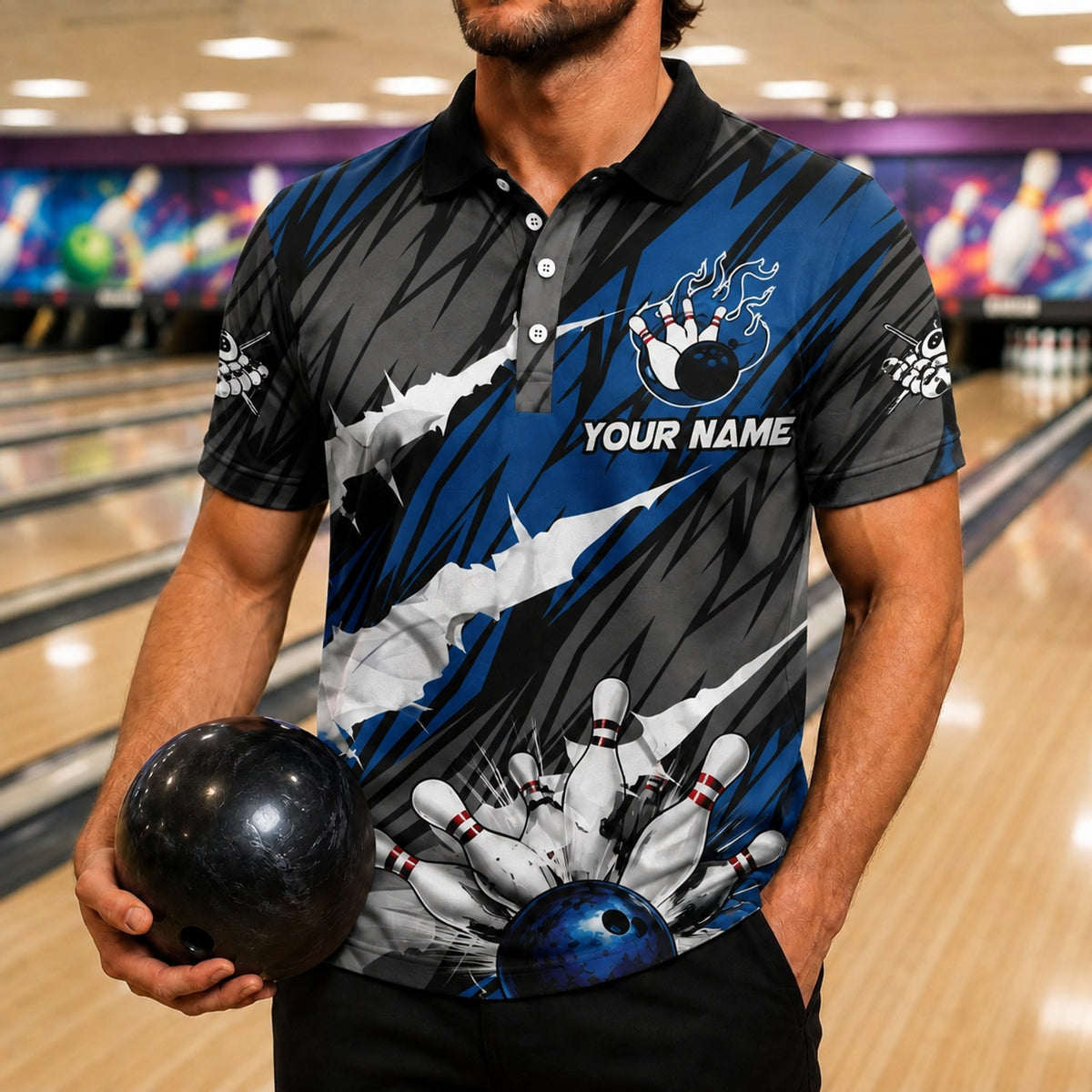 Bowling Ball Strike Blast Custom Bowling Polo Shirt Front View