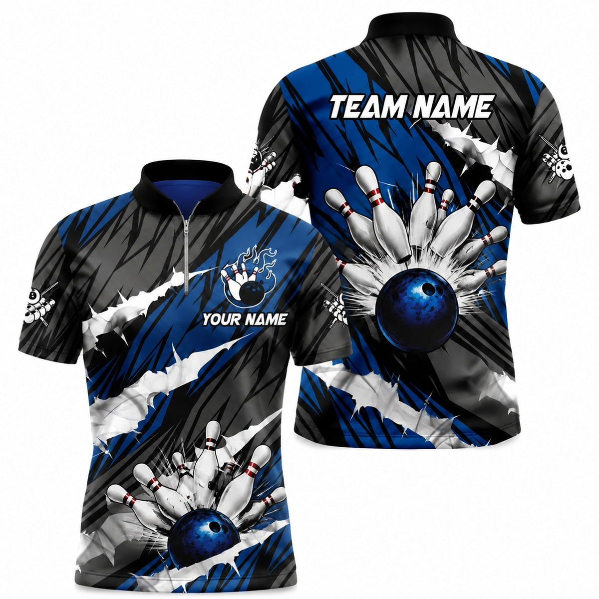 Bowling Ball Strike Blast Custom Bowling Polo Shirt Jersey Zip 1 4 Collar