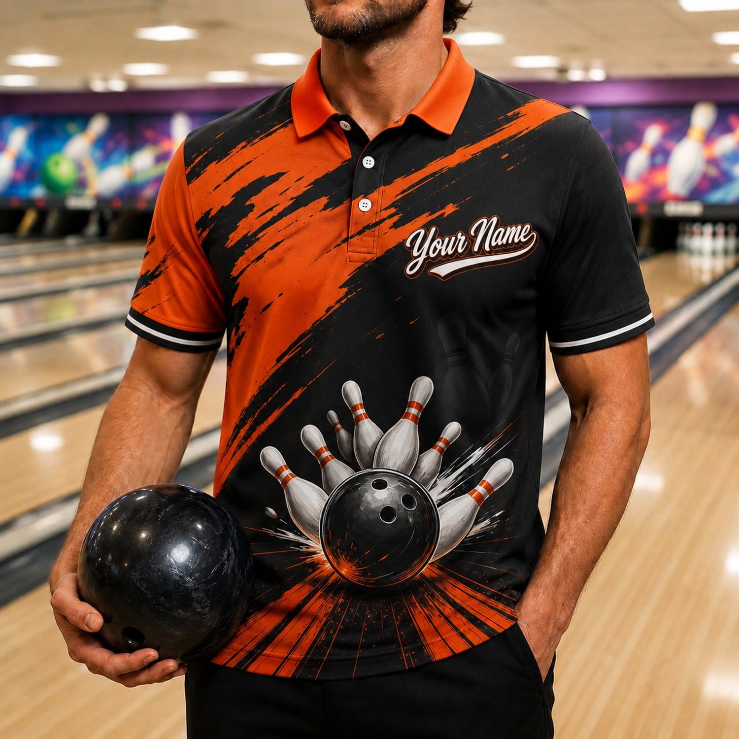 Bowling Ball Strike Blast Personalized Bowling Polo Shirt Front View