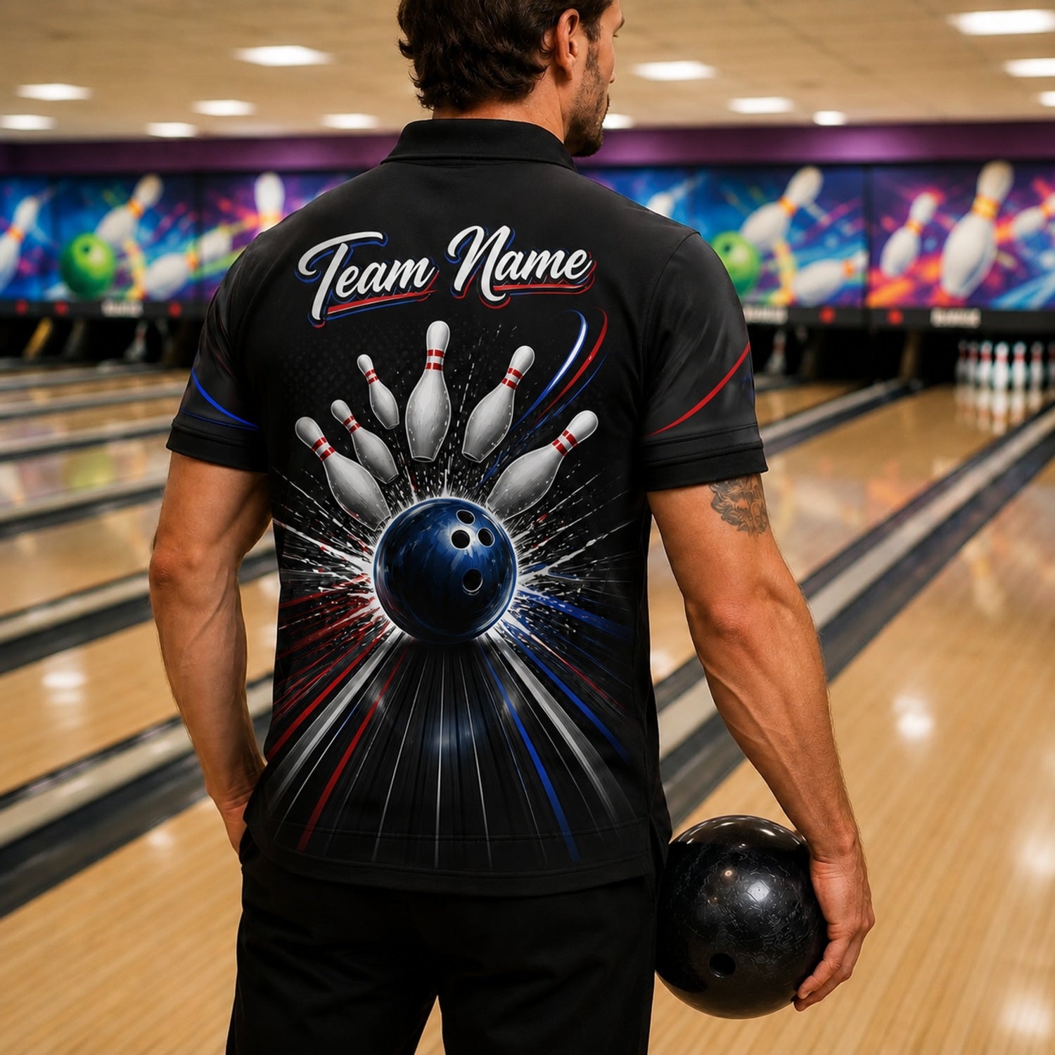 Bowling Ball Strike Burst Custom Bowling Polo Shirt Back View