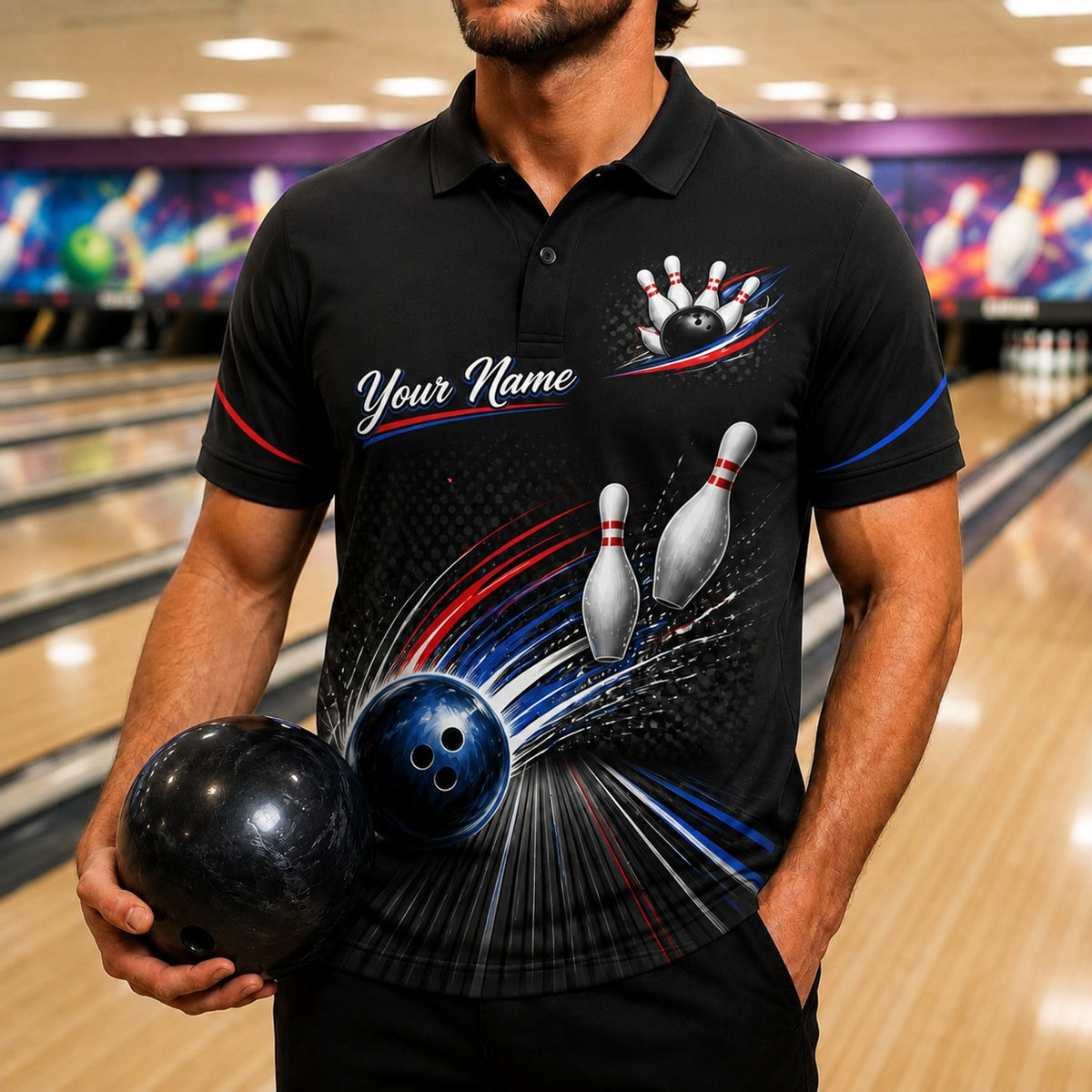 Bowling Ball Strike Burst Custom Bowling Polo Shirt Front View