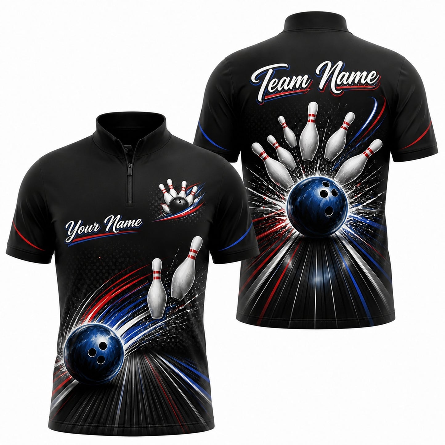 Bowling Ball Strike Burst Custom Bowling Polo Shirt Jersey Zip 1 4 Collar