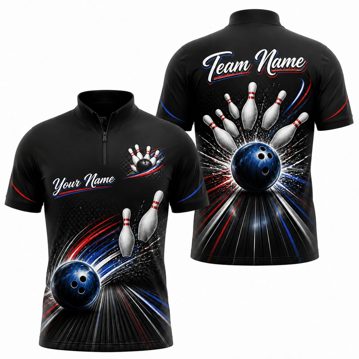 Bowling Ball Strike Burst Custom Bowling Polo Shirt Jersey Zip 1 4 Collar