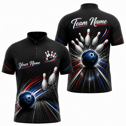 Bowling Ball Strike Burst Custom Bowling Polo Shirt Jersey Zip 1 4 Collar